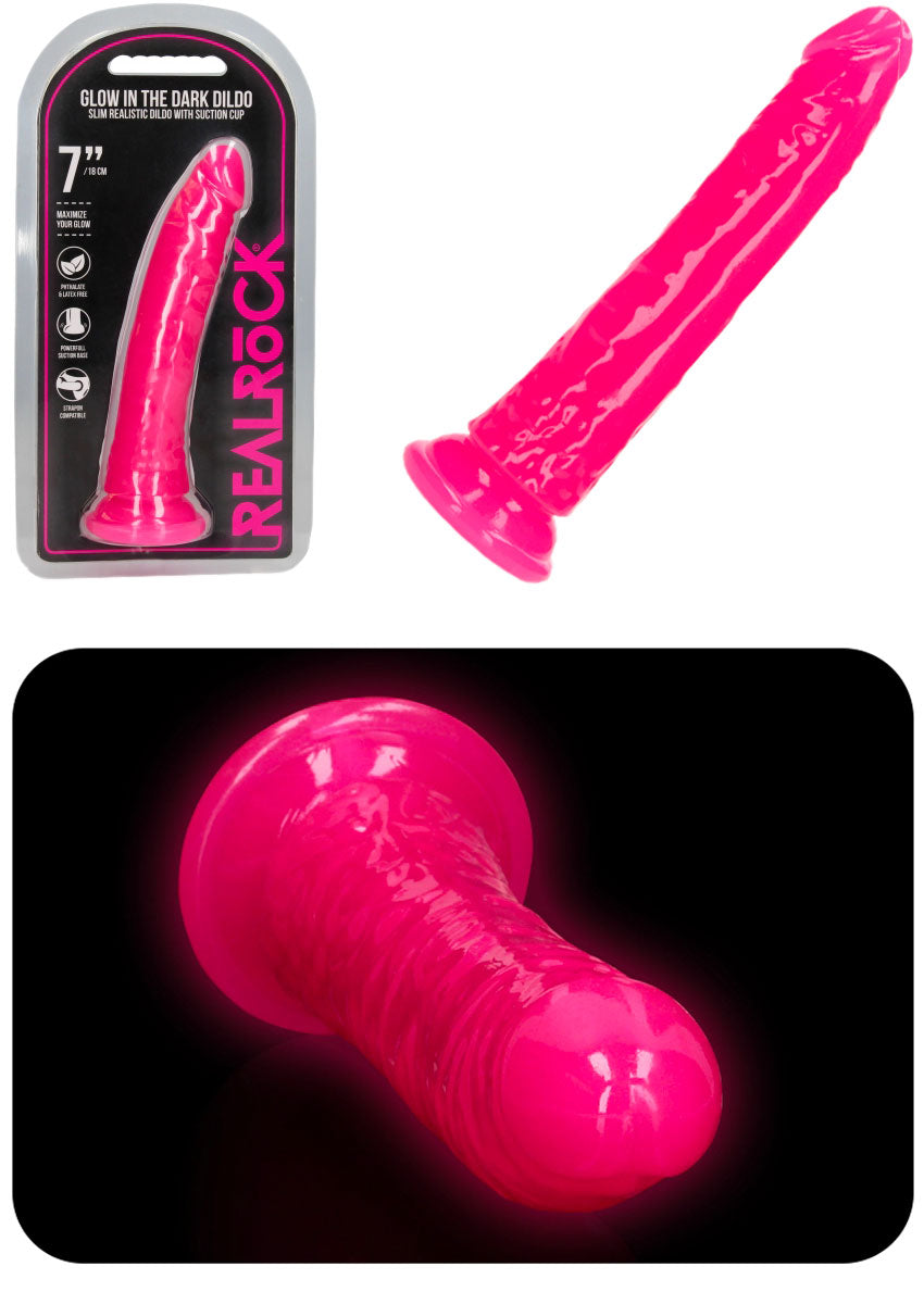 Dildo réaliste avec ventouse RealRock Glow in the Dark - 18 cm - Rose