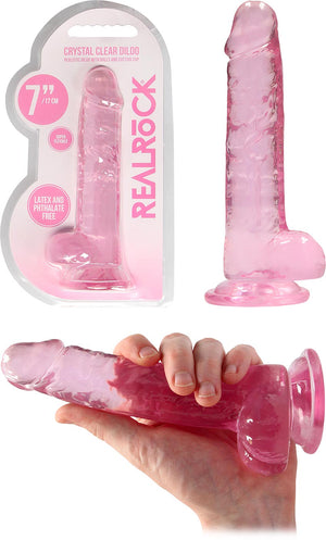Dildo avec testicules et ventouse RealRock Crystal Clear - 14 cm - Rose
