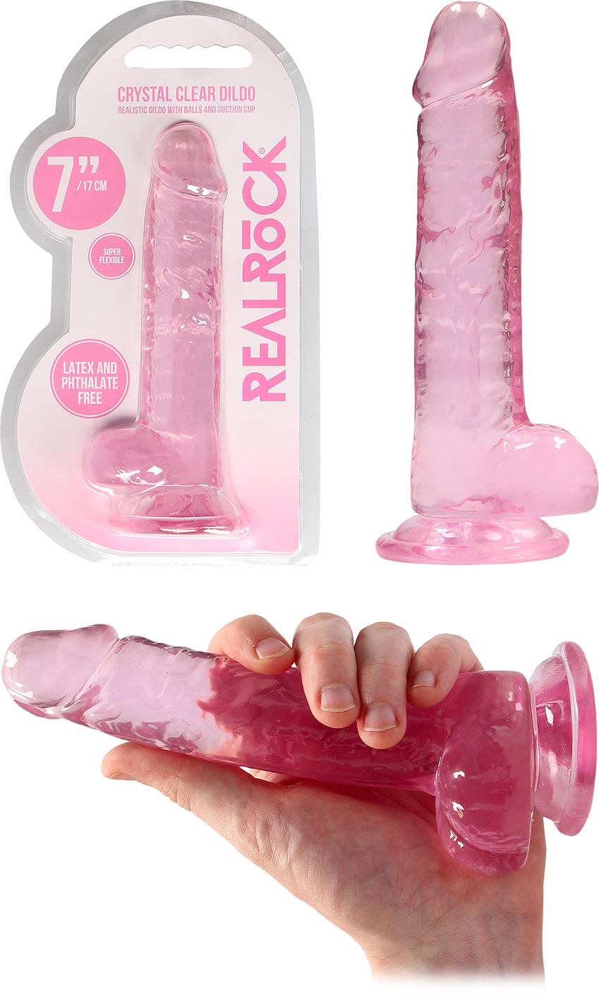 Dildo avec testicules et ventouse RealRock Crystal Clear - 14 cm - Rose