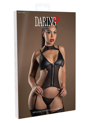 Lingerie Daring Intimates Wetlook Zipper Cami Garter Set