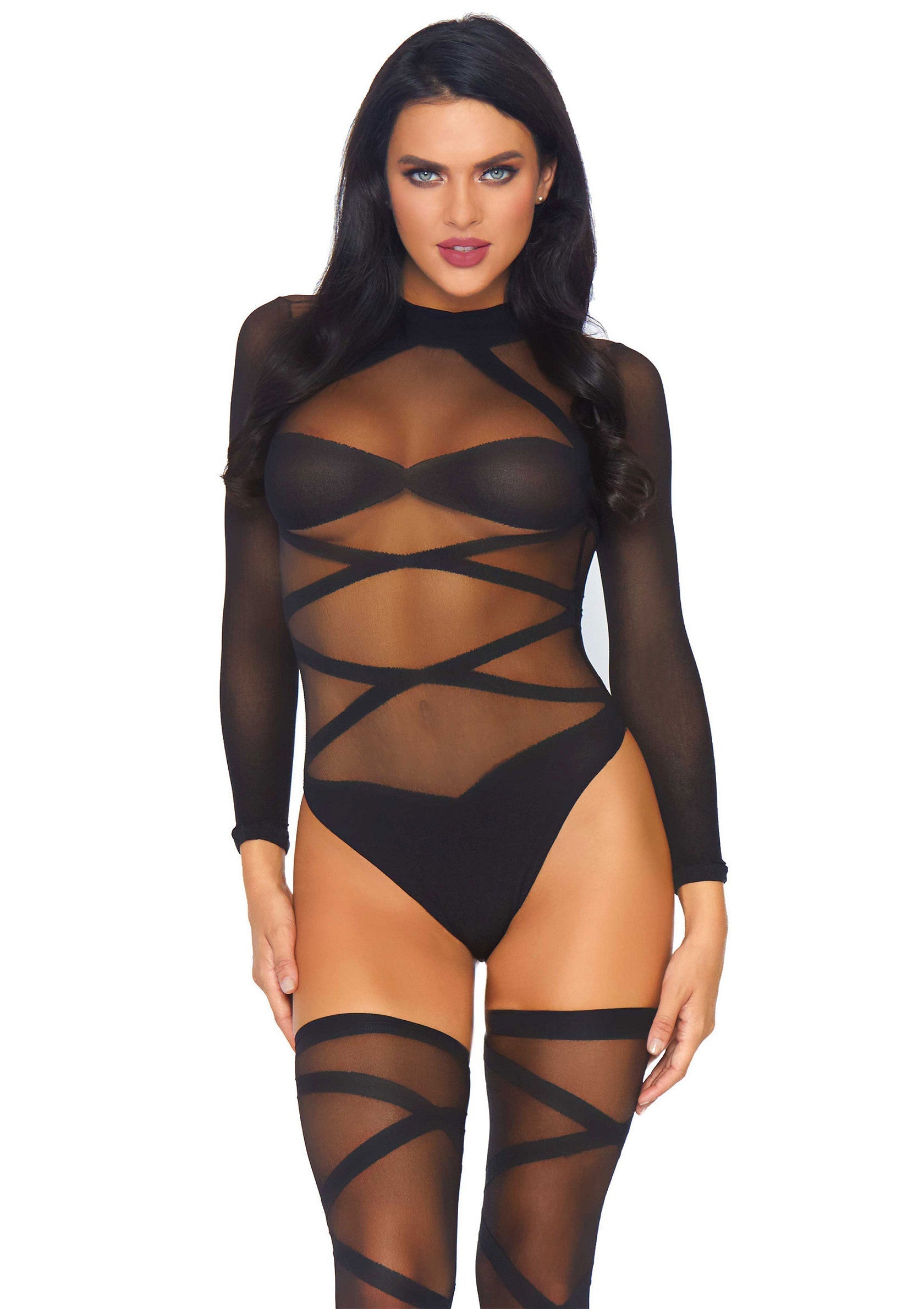 Lingerie Leg Avenue Opaque Criss Cross Bodysuit and Thigh Highs