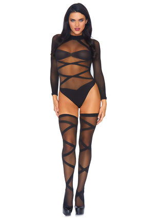 Lingerie Leg Avenue Opaque Criss Cross Bodysuit and Thigh Highs