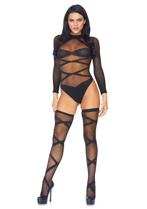 Lingerie Leg Avenue Opaque Criss Cross Bodysuit and Thigh Highs