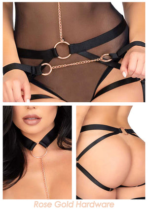 Lingerie Kink Elastic Butt Harness, Choker and Cuffs