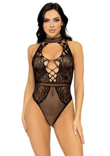 Lingerie Leg Avenue Net and Lace Keyhole Halter Bodysuit
