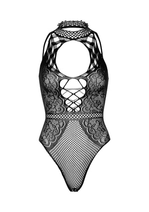 Lingerie Leg Avenue Net and Lace Keyhole Halter Bodysuit