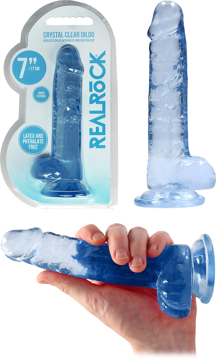 Dildo avec testicules et ventouse RealRock Crystal Clear - 14 cm - Bleu